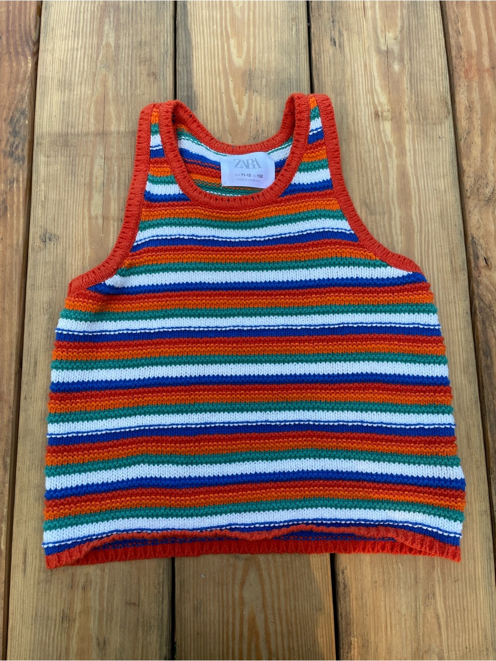 Zara Kids, Girl’s Rainbow Striped Knit Tank Top with Red Trim- Size 11-12